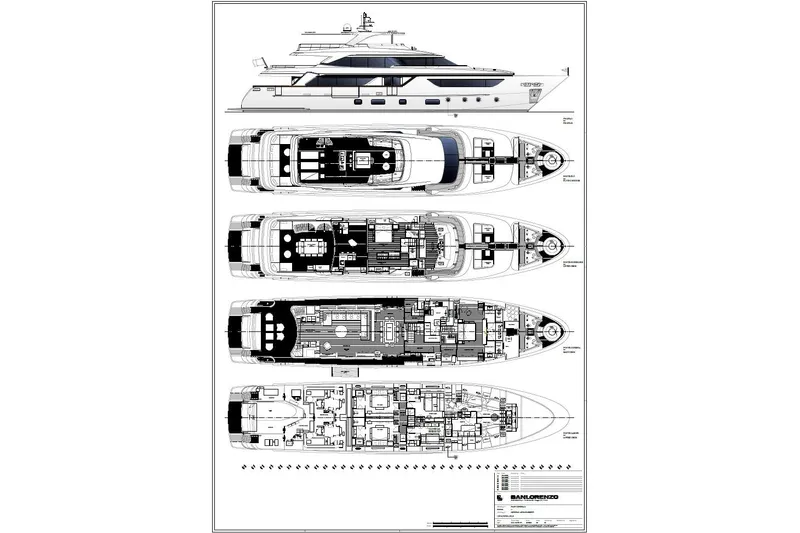 Glory Yacht Photos Pics Blueprint of 2023 Sanlorenzo SD126 yacht, showcasing detailed deck layouts and side profile.