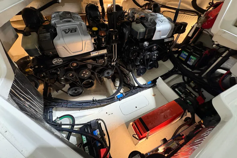  Yacht Photos Pics Engine compartment of a 2016 Sea Ray 350 SLX with dual V8 engines.