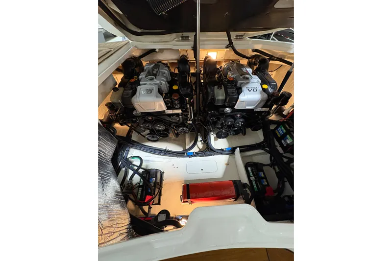  Yacht Photos Pics Engine compartment of a 2016 Sea Ray 350 SLX with twin V8 engines.