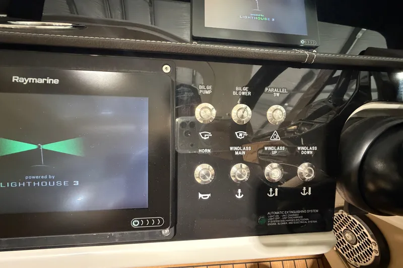  Yacht Photos Pics Control panel of a 2016 Sea Ray 350 SLX with Raymarine Lighthouse 3 display.
