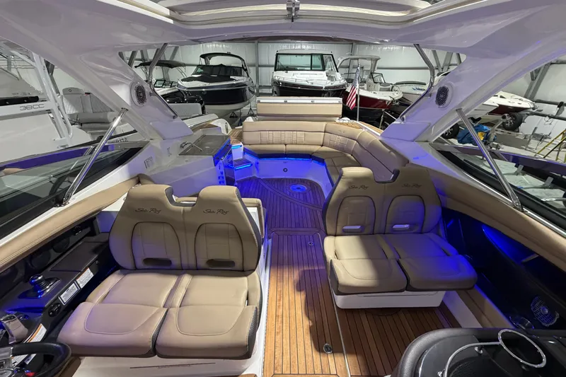  Yacht Photos Pics Luxurious 2016 Sea Ray 350 SLX boat interior with plush seating and ambient lighting.