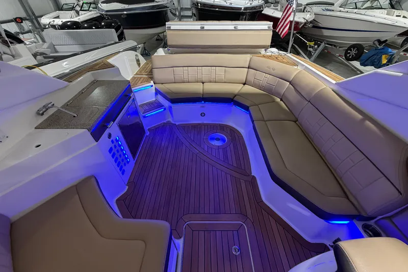  Yacht Photos Pics Luxurious interior of 2016 Sea Ray 350 SLX boat with blue LED lighting.
