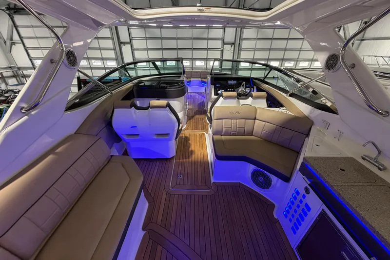  Yacht Photos Pics Luxurious 2016 Sea Ray 350 SLX boat interior with elegant seating and ambient lighting.