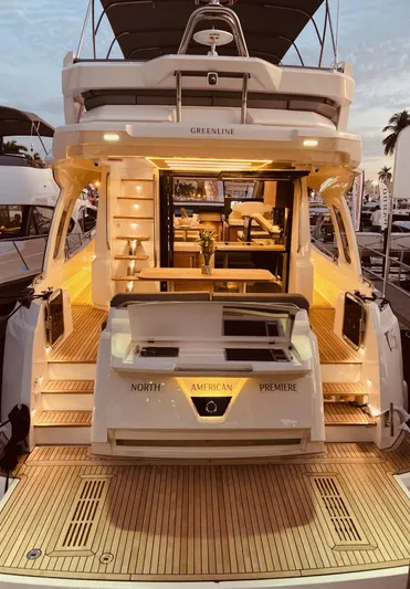 Micky's Dream Yacht Photos Pics Luxurious 2020 Greenline 45 Fly yacht with elegant lighting and spacious deck.