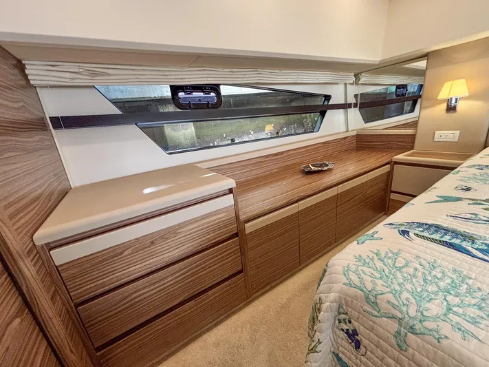 Micky's Dream Yacht Photos Pics Luxurious cabin interior of 2020 Greenline 45 Fly yacht with wood finish and elegant decor.