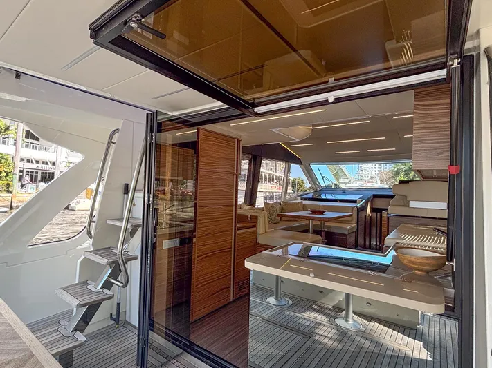 Micky's Dream Yacht Photos Pics Luxurious interior of 2020 Greenline 45 Fly yacht with modern furnishings and open layout.