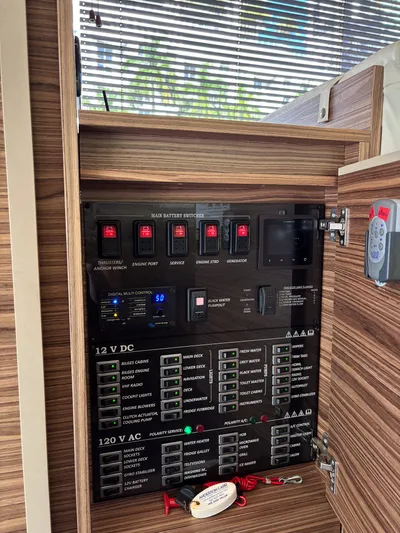 Micky's Dream Yacht Photos Pics Electrical control panel inside a 2020 Greenline 45 Fly yacht, featuring switches and indicators.