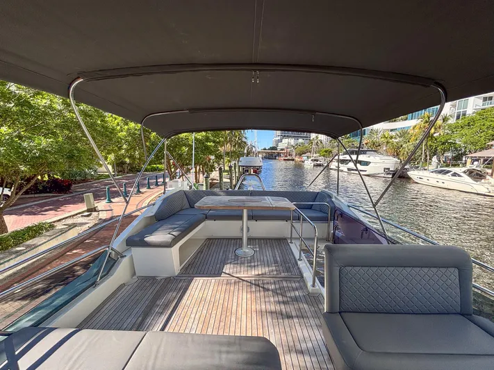 Micky's Dream Yacht Photos Pics Flybridge view of 2020 Greenline 45 Fly yacht docked by a scenic canal.