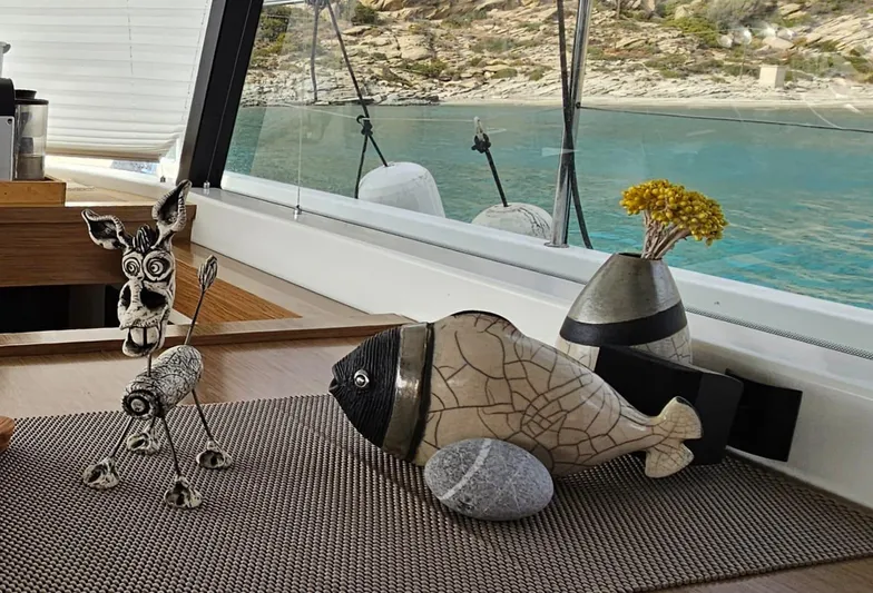 Yacht Photos Pics Decorative sculptures on Fountaine Pajot MY 37 yacht with scenic ocean view, 2016 model.