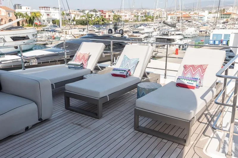 Willpower Yacht Photos Pics Luxury yacht deck with sun loungers, Feretti Navetta 37, 2018 model, marina view.