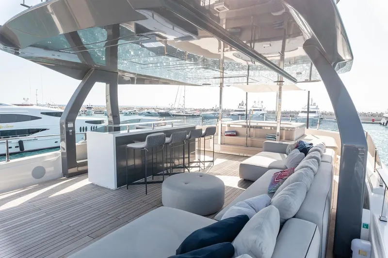Willpower Yacht Photos Pics Luxurious 2018 FERETTI Navetta 37 yacht deck with modern seating and bar area.