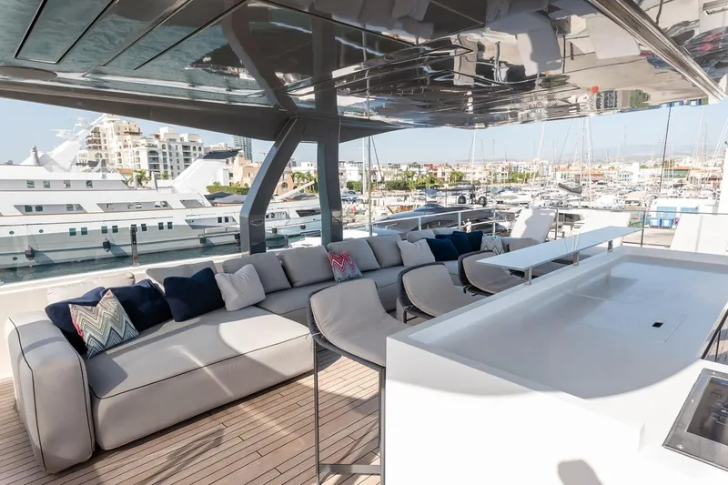 Willpower Yacht Photos Pics Luxurious 2018 FERETTI Navetta 37 yacht deck with modern seating and marina view.