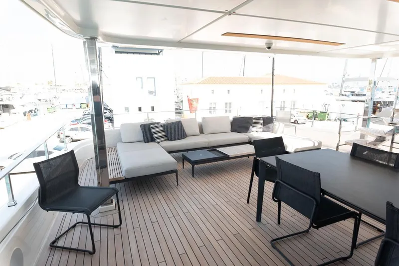 Willpower Yacht Photos Pics Luxurious outdoor seating on 2018 FERETTI Navetta 37 yacht deck.