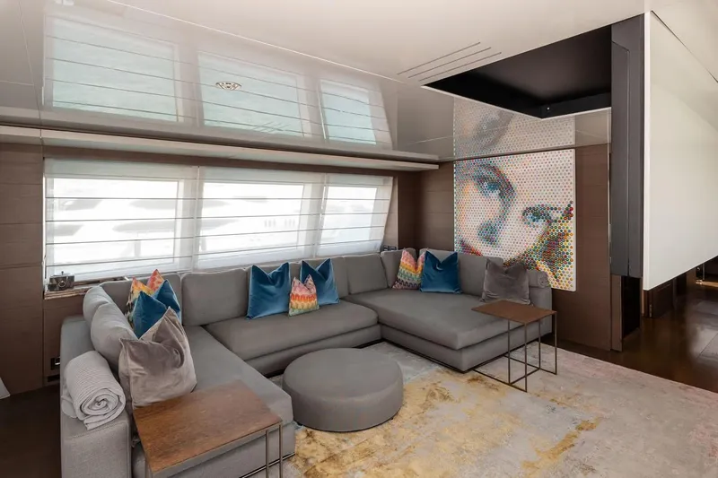 Willpower Yacht Photos Pics Luxurious interior of 2018 FERETTI Navetta 37 yacht with modern decor and plush seating.