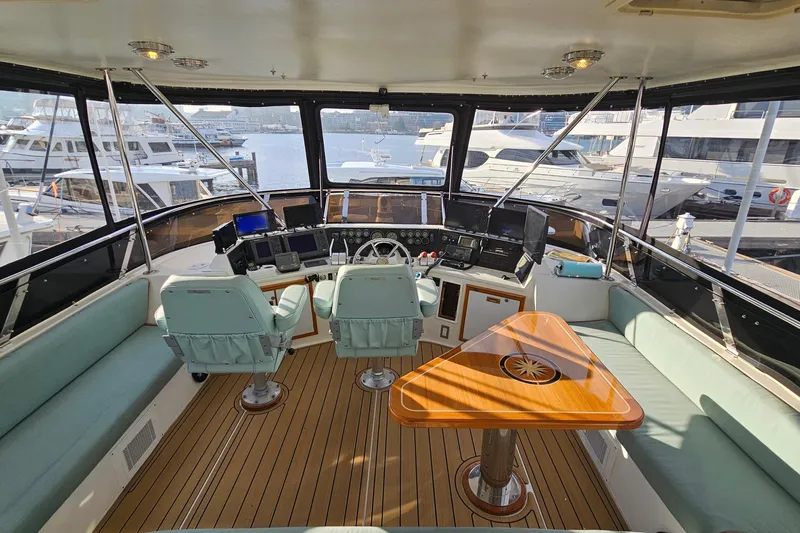 Outbound Yacht Photos Pics Luxurious 1993 Symbol 55 Yachtfisher helm with modern controls and panoramic marina view.