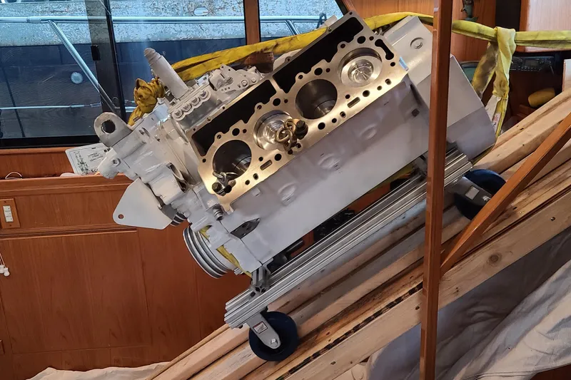 Outbound Yacht Photos Pics Engine block installation on 1993 Symbol 55 Yachtfisher, interior view.