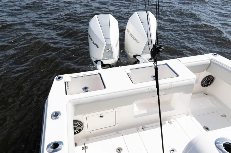  Yacht Photos Pics 2024 SeaVee 290B boat with dual Mercury outboard engines on the water.