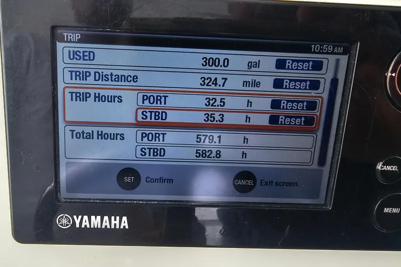 Redemption Yacht Photos Pics Yamaha display showing trip data for 2012 Regulator 34SS boat, including fuel and hours.