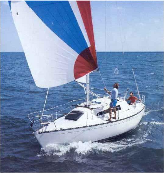 1988 Aloha 30 sailboat with colorful spinnaker sailing on open sea.