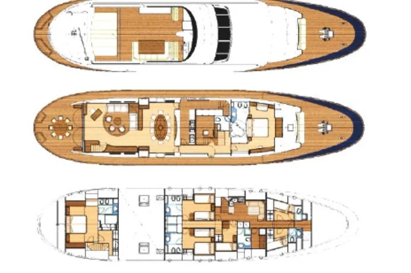 Don Ciro Yacht Photos Pics Deck layout of 2002 Benetti Sail Division 105 yacht, showcasing three levels.
