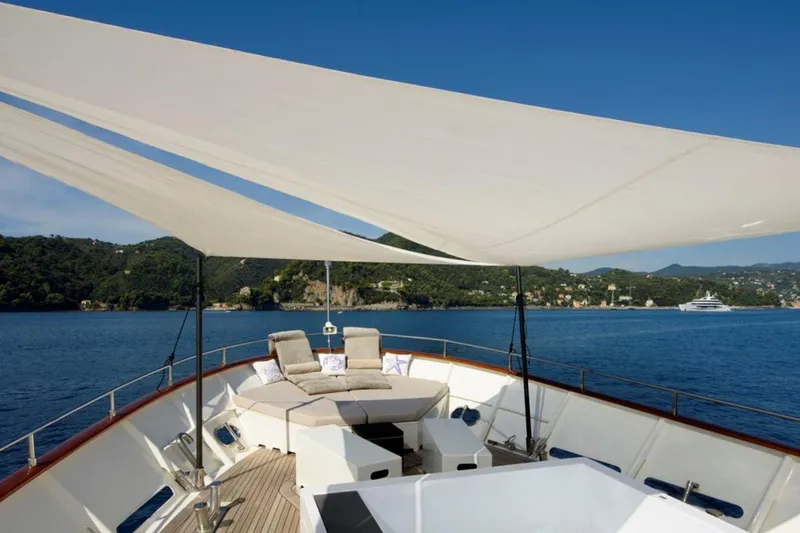 Don Ciro Yacht Photos Pics Luxurious 2002 Benetti Sail Division 105 yacht deck with sunshade and scenic ocean view.