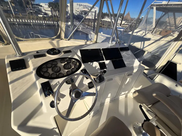 Relentless Yacht Photos Pics Cockpit of 2001 Ocean Yachts 43 Super Sport with steering wheel and control panels.
