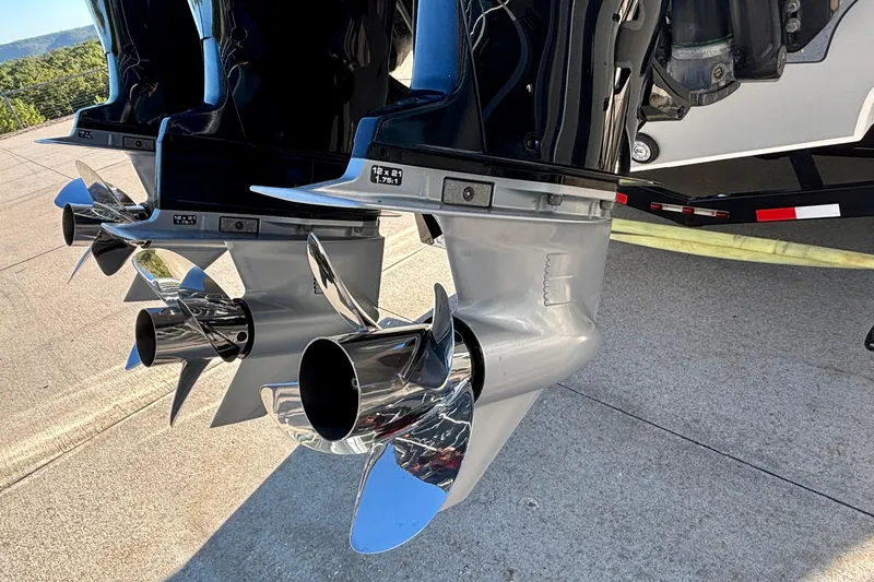  Yacht Photos Pics 2021 Fountain 38 SC boat propellers on a trailer, showcasing sleek design and engineering.