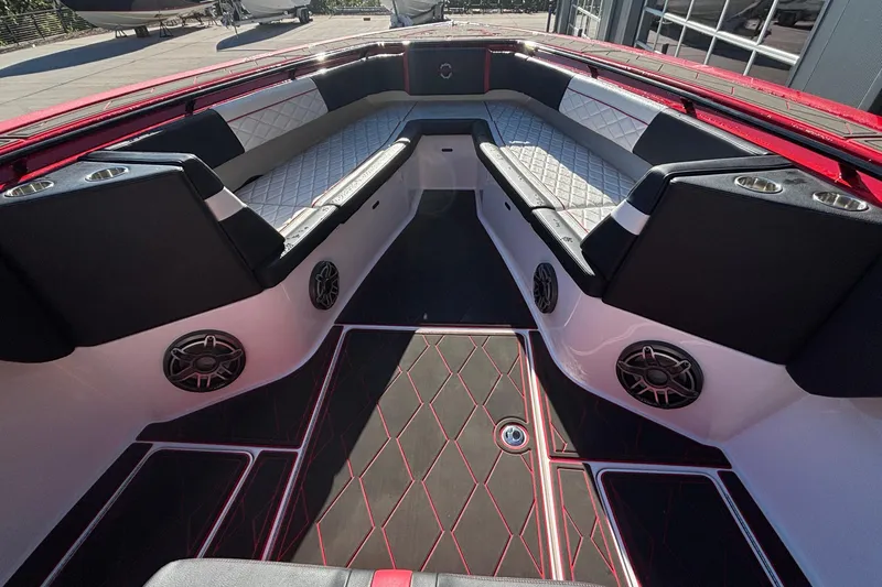  Yacht Photos Pics 2021 Fountain 38 SC boat interior with luxurious seating and modern design.