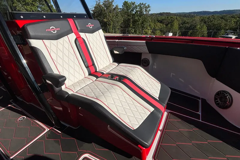  Yacht Photos Pics Luxurious seating on 2021 Fountain 38 SC boat with red and white upholstery.