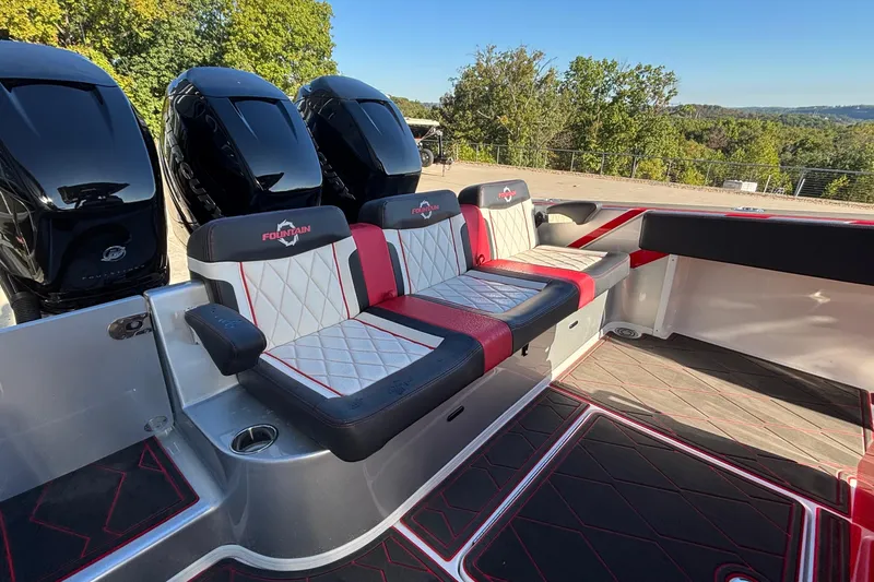  Yacht Photos Pics 2021 Fountain 38 SC boat interior with stylish seating and powerful engines.