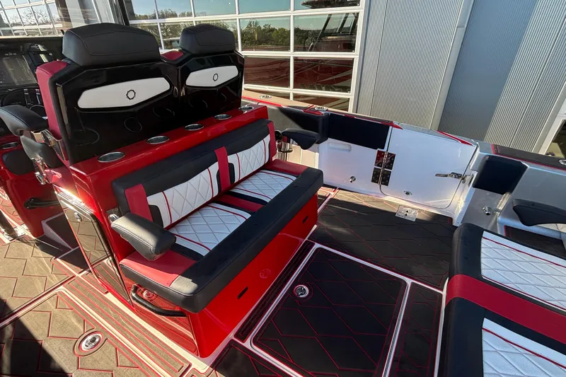  Yacht Photos Pics 2021 Fountain 38 SC boat interior with red and black seating and modern design.