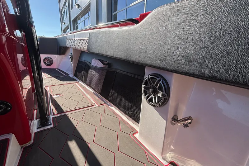  Yacht Photos Pics Interior of 2021 Fountain 38 SC boat with stylish seating and speakers.