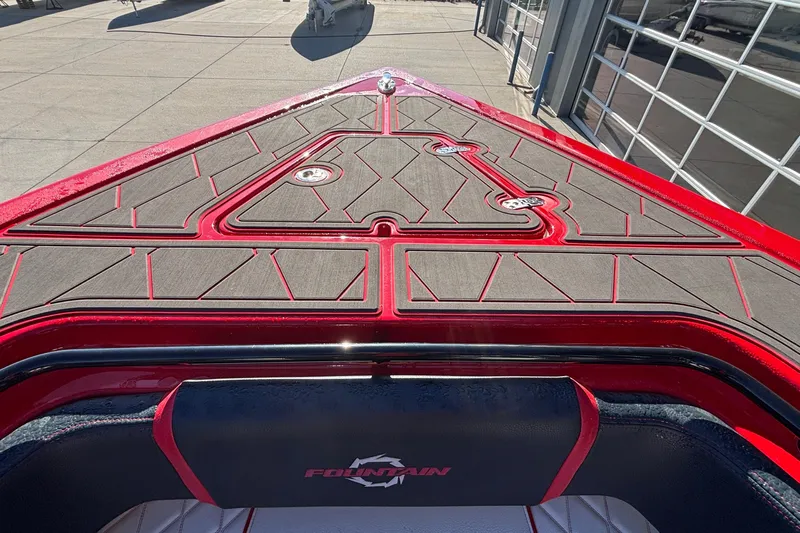  Yacht Photos Pics 2021 Fountain 38 SC boat deck with red and gray detailing.