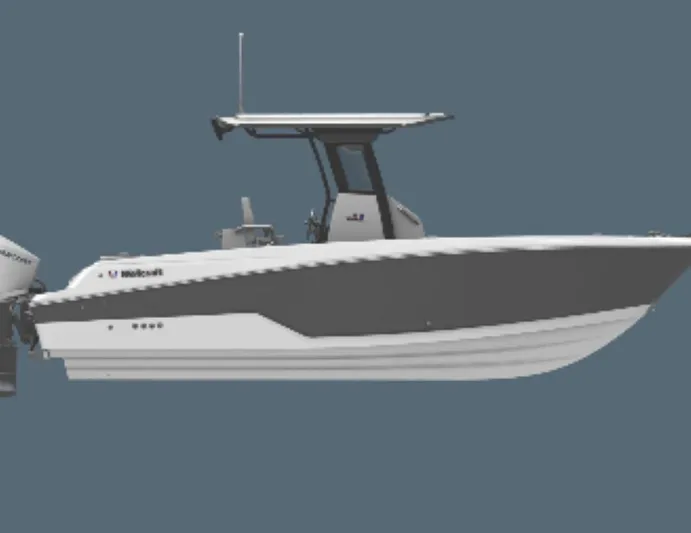  Yacht Photos Pics 2025 Wellcraft 263 Fisherman boat, side view, sleek design, gray and white color scheme.