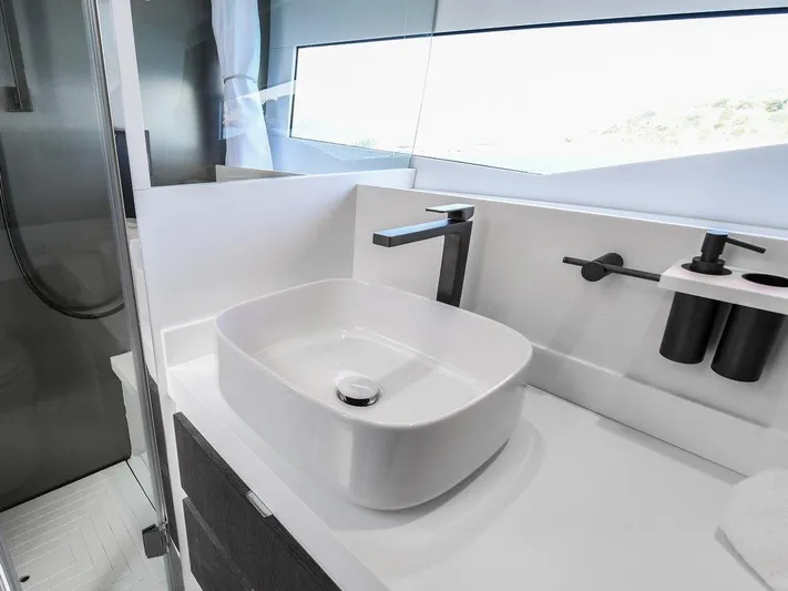 Fiart 43 Yacht Photos Pics Modern bathroom sink in 2025 Fiart 43 Seawalker yacht, featuring sleek design and fixtures.