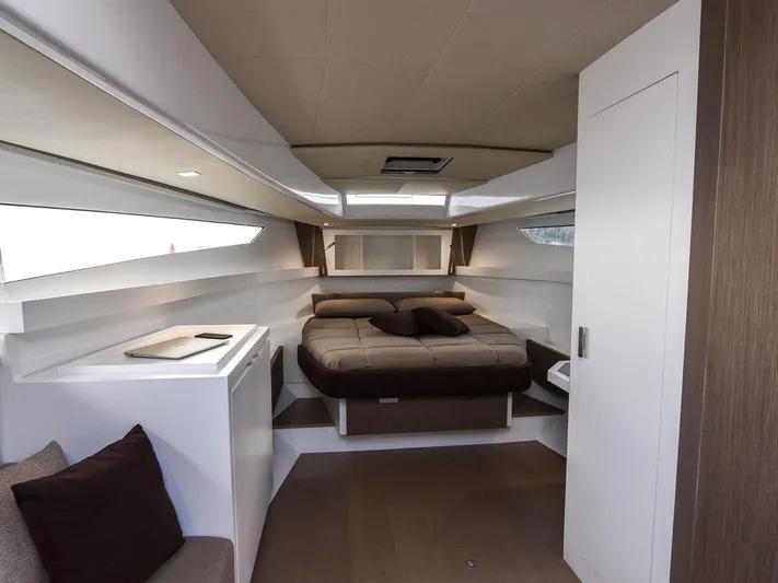 Fiart 43 Yacht Photos Pics Luxurious interior of 2025 Fiart 43 Seawalker yacht with modern bedroom design.