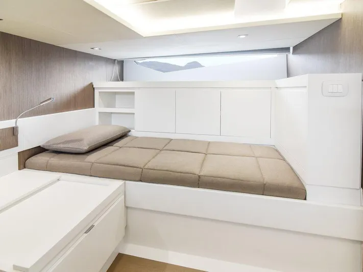 Fiart 43 Yacht Photos Pics 2025 Fiart 43 Seawalker interior cabin with modern bed and sleek design.