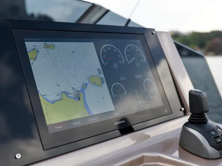 Fiart 43 Yacht Photos Pics Navigation display on 2025 Fiart 43 Seawalker yacht, showing map and gauges.