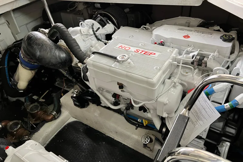 Cabby 13 Yacht Photos Pics Engine compartment of 2013 Sea Ray 470 Sundancer with "No Step" marking.