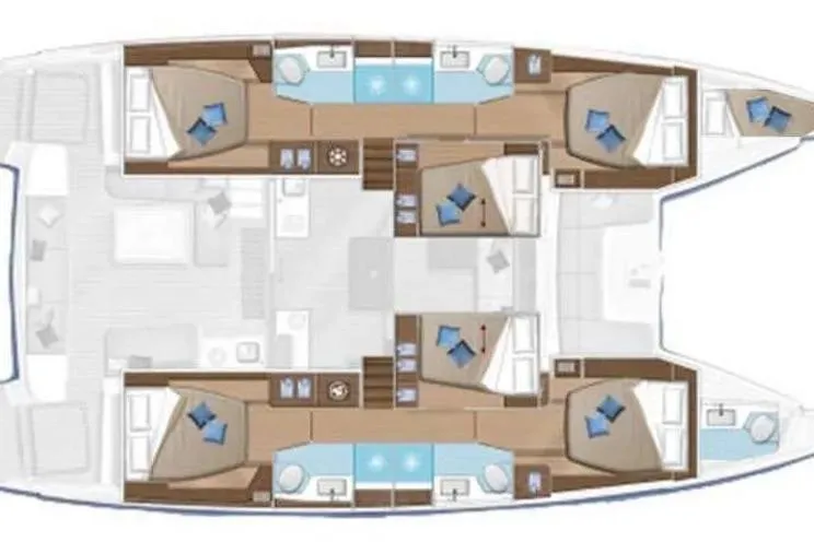  Yacht Photos Pics Floor plan of a 2021 Lagoon 50 catamaran, featuring multiple cabins and bathrooms.