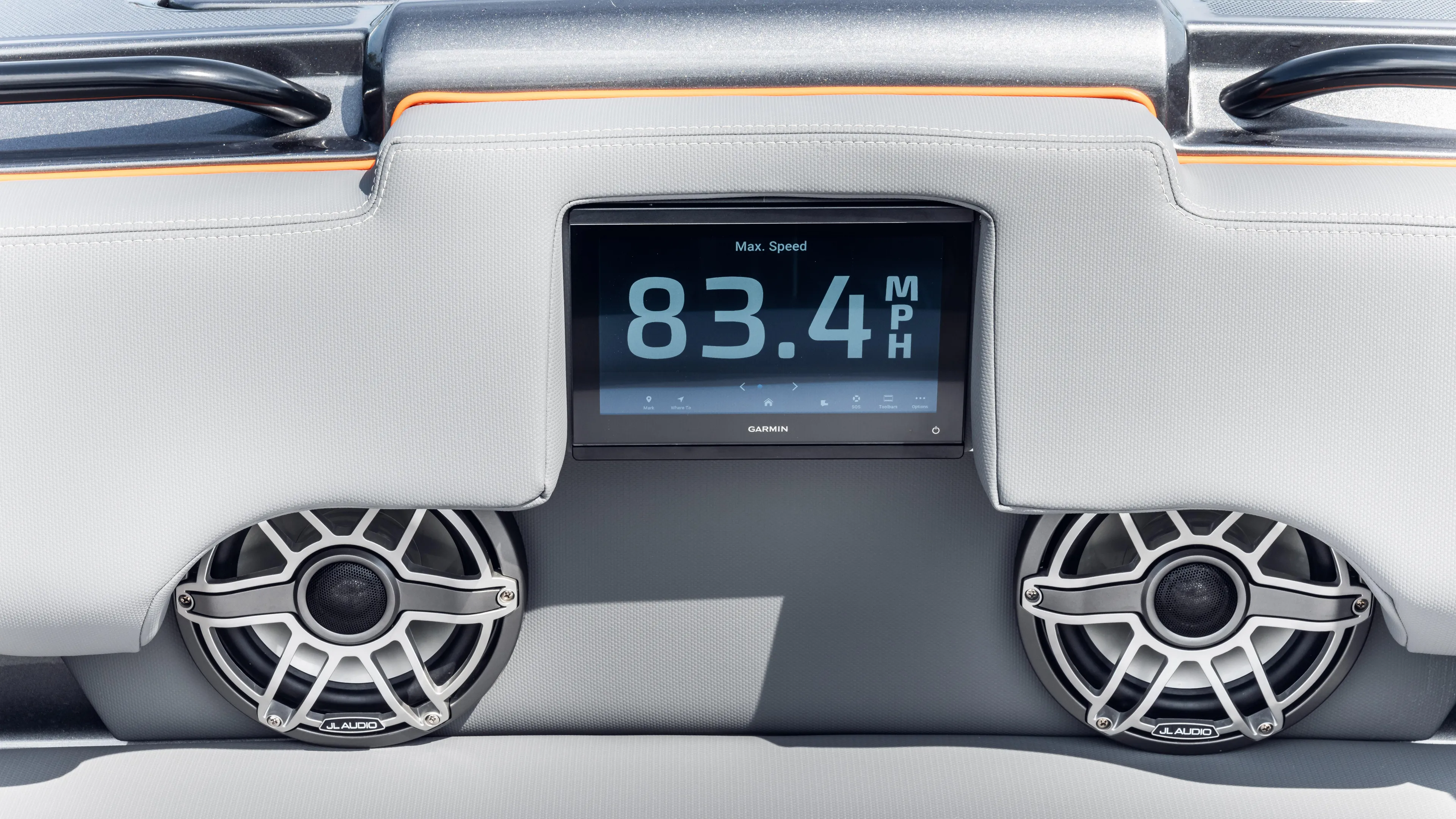  Yacht Photos Pics Dashboard of 2025 Cigarette 42 Auroris showing 83.4 MPH with speakers.