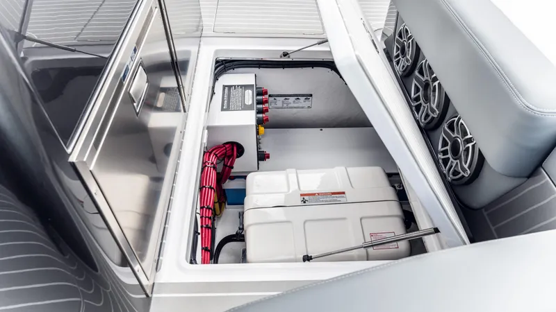  Yacht Photos Pics 2025 Cigarette 42 Auroris boat interior showing storage compartment and wiring.