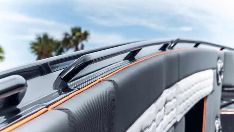  Yacht Photos Pics 2025 Cigarette 42 Auroris boat interior with sleek design and palm trees in the background.