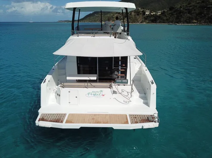  Yacht Photos Pics Fountaine Pajot MY 37 yacht, 2019 model, anchored in clear turquoise waters.