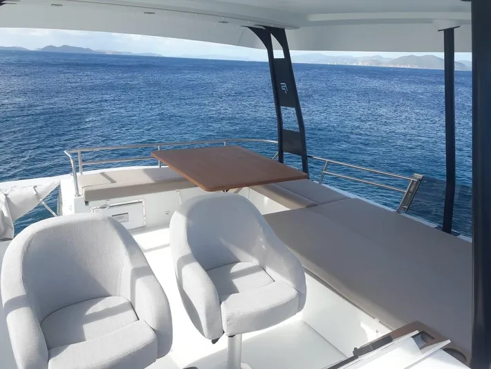  Yacht Photos Pics Luxurious 2019 Fountaine Pajot MY 37 yacht deck with ocean view and seating area.