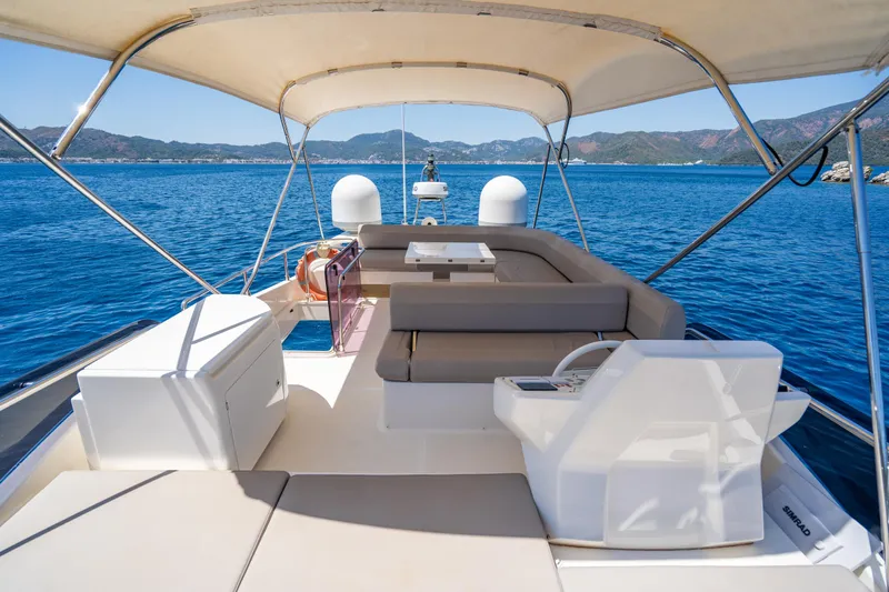 Dudu Yacht Photos Pics Luxurious 2021 Ferretti Yachts 550 on serene blue waters, featuring spacious deck and seating.