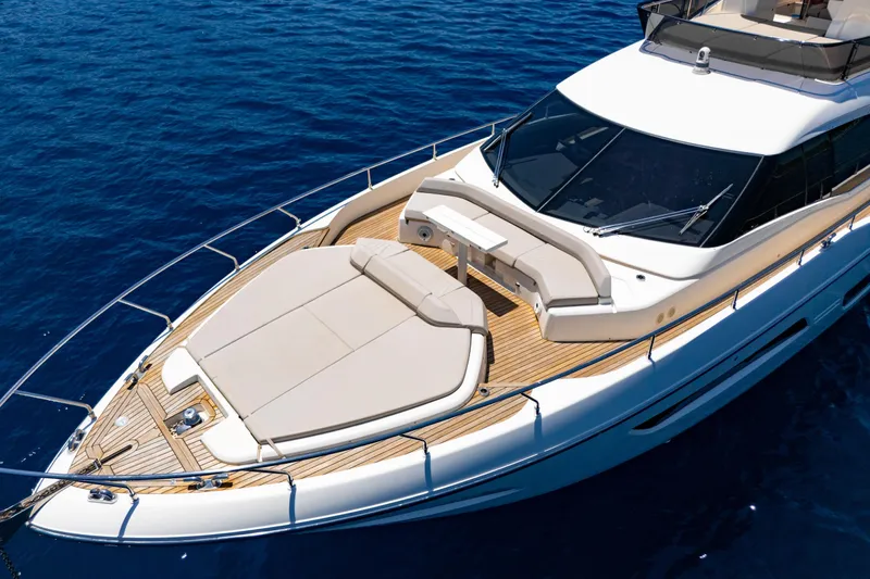 Dudu Yacht Photos Pics Luxury Ferretti Yachts 550, 2021 model, cruising on clear blue water.