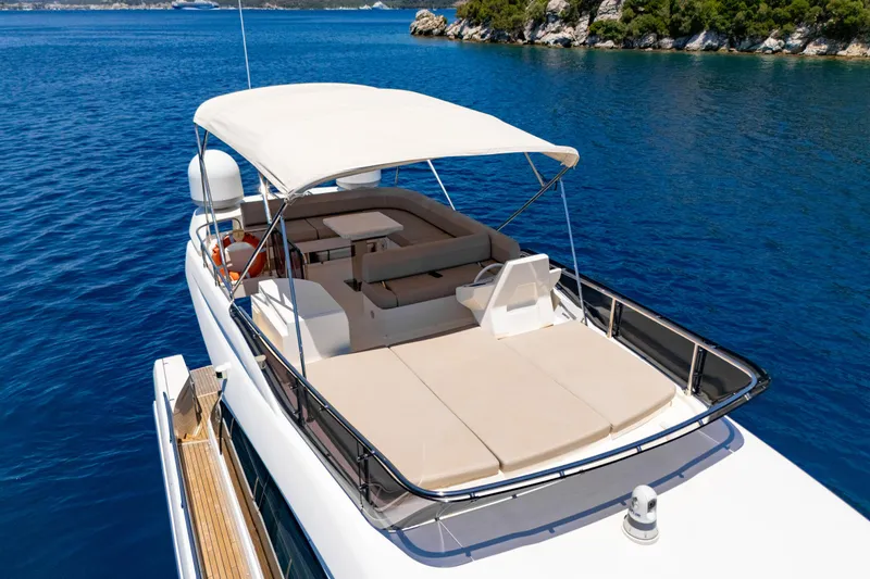 Dudu Yacht Photos Pics 2021 Ferretti Yachts 550 on serene blue water, featuring spacious deck and seating area.