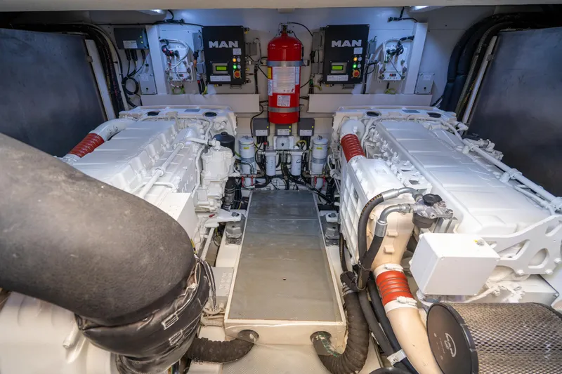 Dudu Yacht Photos Pics Engine room of 2021 Ferretti Yachts 550 with MAN engines and fire suppression system.