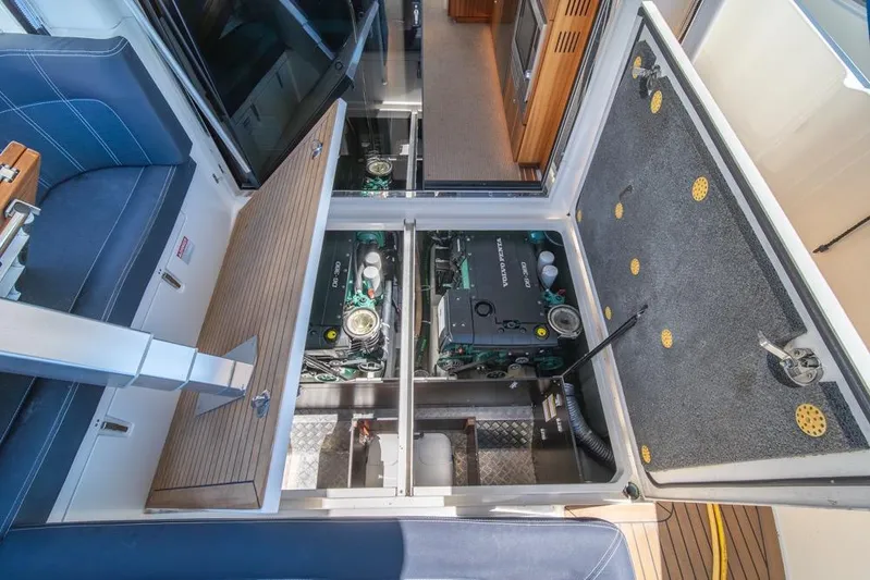 Treasure State Yacht Photos Pics Engine compartment of 2022 Nimbus 405 Coup&eacute; yacht, showcasing dual Volvo Penta engines.